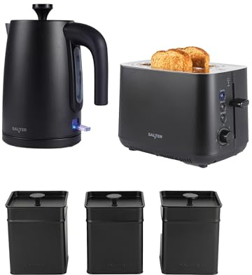 Salter Kuro Black Kitchen Set – 2-Slice Toaster with 7 Browning Levels & Wide Slots, 1.7L 3000W Rapid Boil Kettle with Auto Shut-Off, Tea/Coffee/Sugar Canisters with Easy-Open Lids