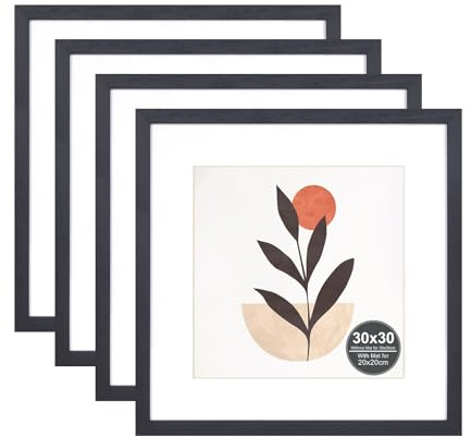 30x30 Picture Frame with 20x20cm Mount, Black Wood Photo Frames | Perspex Front, Wall Hanging in Living Room, Bedroom, Office, Gallery, Set of 4