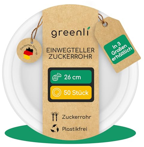 greenli® Einwegteller aus Zuckerrohr – 26 cm Ø, 50 Stück – Plastikfrei – In 3 Größen erhältlich (18, 23, 26 cm) – Die stabile Alternative zu Papptellern