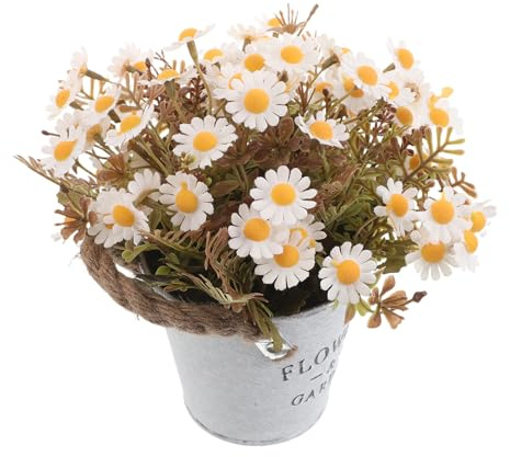 LALAFINA Artificial Daisy Plant in Vintage Metal Planter, Realistic Faux White Chrysanthemum Bonsai, UV Resistant Artificial Flower Decoration for Indoor Outdoor Spring Summer Home Garden