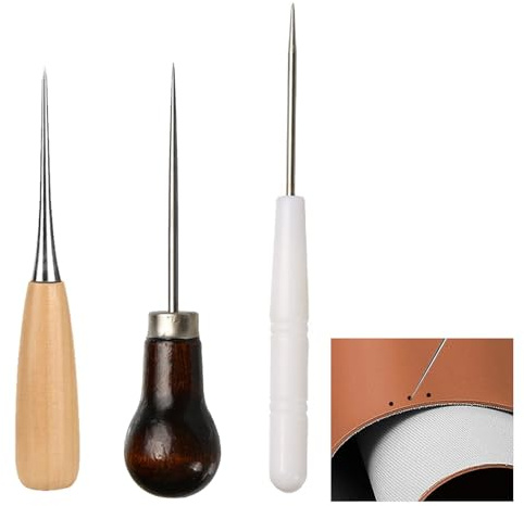 3 Pièces Alènes Manche Bois, Alène en Cuir, Poinçon à PoignéE En Bois, Machine À Coudre En Cuir Ronde À Manche En Bois - Outil de Couture en Cuir de Haute Qualité pour Artisanat DIY et Réparations