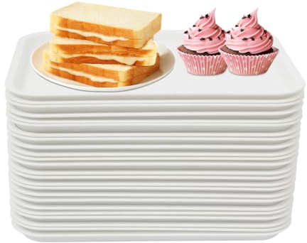 24 vassoi da portata in plastica, 36 x 27 cm, vassoio grande in PP, fast food, adatto al microonde, lavabile in lavastoviglie, riutilizzabile, per colazione e snack, bianco
