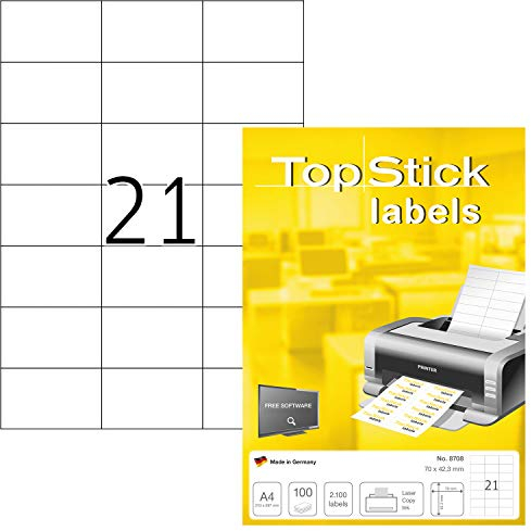 TopStick 8708 Adressetiketten, 100 Blatt, 70 x 42,3 mm, 21 pro A4 Bogen, 2100 Stück, selbstklebend, bedruckbar, matt, blanko Papier Adressaufkleber Etiketten, weiß