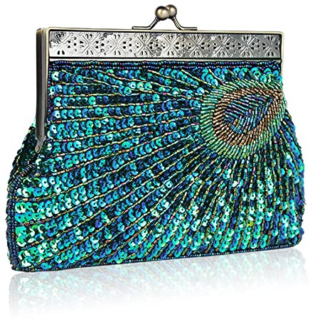 YYW Vintage Clutch Sequin Teal Peacock Unusual Antique Beaded Sequin Evening Handbag Women's Fashion Designer Elegant Purse (Peacock blue)