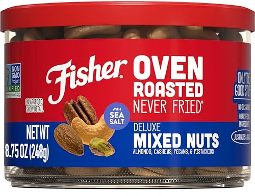 Fisher Snack Oven Roasted Never Fried, Almonds, Cashews, Pecans, Pistachios, Made with Sea Salt, Deluxe Mixed Nuts, 8.75 Oz