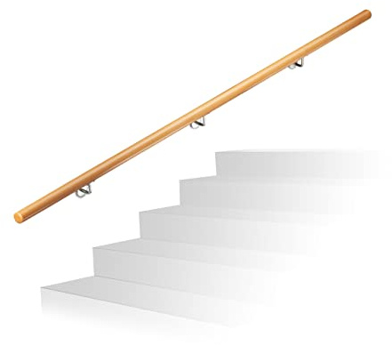 Relaxdays Pasamanos Escalera Rústica con Soportes, Madera de Haya, Natural, 200 cm