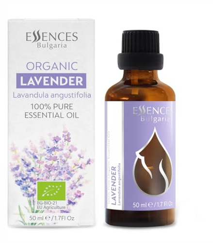 Essences Bulgaria Ekologisk Lavendel Eterisk Olja 50ml | Lavandula angustifolia | 100% Ren och Naturlig | Outspädd | Terapeutisk betyg | Familjeägd gård | Ångdestillerad | Icke-GMO