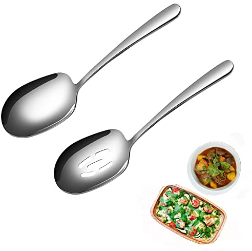 Cucchiai da portata e forate in acciaio inox, 2 cucchiai da portata grandi, cucchiai da portata con manici lunghi, cucchiai da tavola da buffet per banchetti a buffet e pasti in famiglia (25 cm)