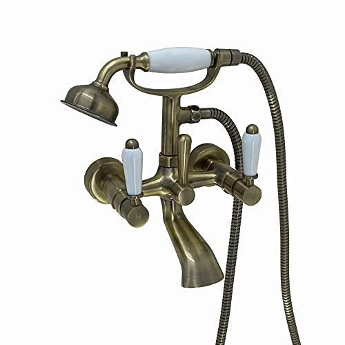 ENKI BT0810 Downton Wall Mounted Bath Shower Mixer Tap, Antique Brass | Solid Brass, 10-Year Guarantee, Ceramic Disc Valve, Swivel Spout, Easy Install, Fittings Included, Handset & Hose, Bathroom