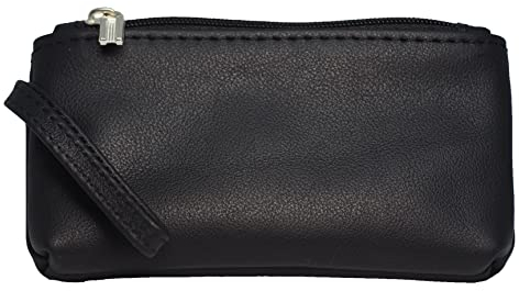 BAWAKO Kleingeldbörse aus echt Leder mit Zwei Reißverschlussfächer, Portemonnaie für Kleingeld Münze Karte (Schwarz)