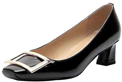 Lizoleor Mujer Tacón Ancho Formal Closed Toe Sin Cordones Charol Vestido Zapatos Oficina Elegante Noche Retro Tacón Medio Pump Bridal Negro Talla 33 EU