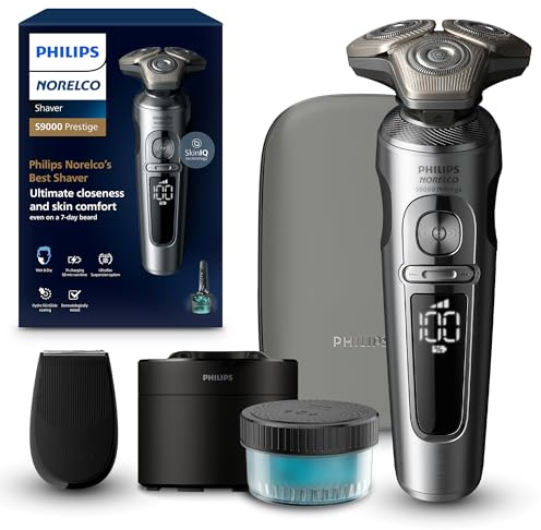 Philips Norelco S9000 Prestige Rechargeable Wet & Dry Electric Rotary Shaver with Precision Trimmer, Premium Case & Cleaning System, SP9841/84