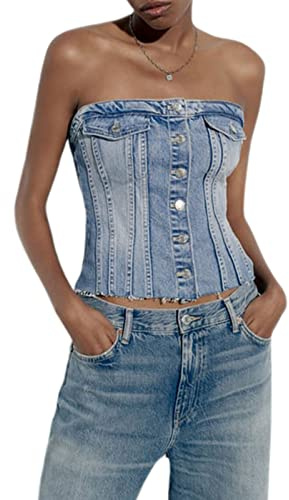 PDYLZWZY Denim Tube Corset Top for Women Strapless Denim Cropped Top Push Up Bustier Sleeveless Tank Top Backless Shoulderless Jeans Corset Top, Blue#1, L
