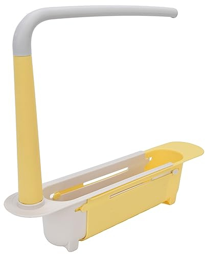 Lwuey Teleskopischer Spülbecken Organizer, Verstellbarer Länge Spülbürstenhalter Handtuchhalter Ausziehbarer Tuchhalter Erweiterbarer PP Spülkorb für Geschirrbürste Seifenschale Abflusssieb(Gelb)