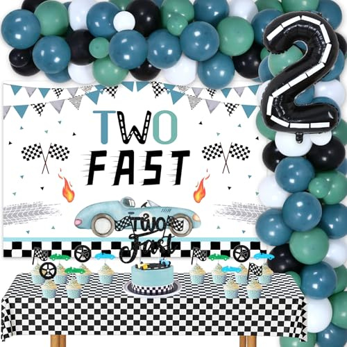 Zwei schnelle 2. Geburtstag Dekorationen für 2 Jahre alten Jungen, Rennwagen Thema 2. Geburtstag Party Supplies - Vintage blau grün Ballons Girlande Kit zwei schnelle karierten Kulisse