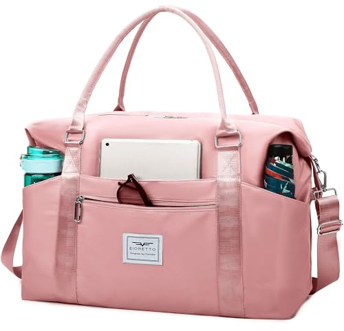FIORETTO Damen Reisetasche Sporttasche Handgepäck Weekender Bag Schwimmtasche Wasserdicht Travel Bag Duffle Bag Fitnesstasche Trainingstasche für Damen Rosa Medium