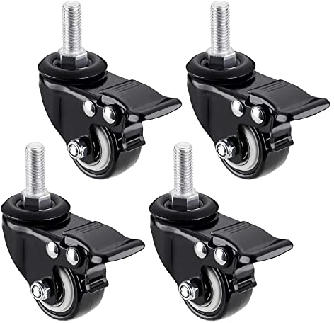 Bürorollen, 50 mm Lenkrolle für Möbel, Bolzen/M8, M10, M12/X25 mm, 360° schwarze Lenkrolle mit Bremse, robuste Gummi-Ersatzrolle (4 Stück mit Bremse).