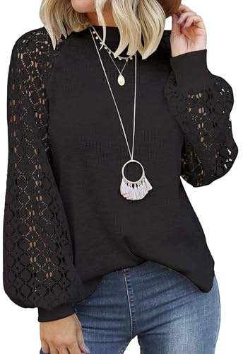 Zeagoo Damen Langarmshirts Rundhals Einfarbig Langarm Oberteile Raglan Waffel Oberteile Lässige Streetwear Schwarz L