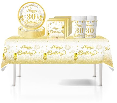 41Pcs White Gold 30th Happy Birthday Party Tableware Decorations for Him Plastic Table Cloth,7inch Paper Plates,Napkins, Cups for Men Birthday Table Party Tableware Set for Him Adults Birthday Party