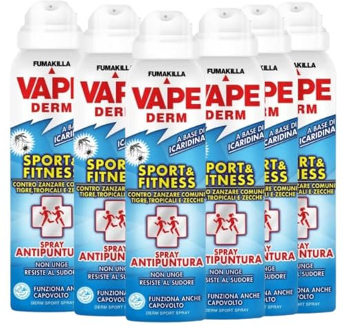 Vape Derm Sport E Fitness Spray Antizanzare Antipuntura Contro Zanzare Comuni Zanzare Tigre E Tropicali E Zecche 100 Ml (6 Unità)