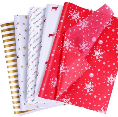 MAMUNU 100 Blatt Seidenpapier für Geschenktüten, Rot Seidenpapier Geschenkpapier Bulk, 5 verschiedene Designs Transparentpapier Bastelpapier für Weihnachten, Geburtstag, Hochzeit, Party, 50 x 35 cm