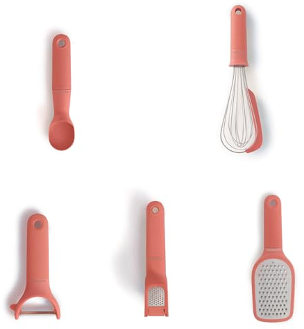 CREATE/Pack de 5 utensilios de cocina terracota/Pelador de fruta y verdura, cuchara para helado, batidor de mano, rallador, prensa para ajos, apto para lavavajillas, hojas de acero inoxidable