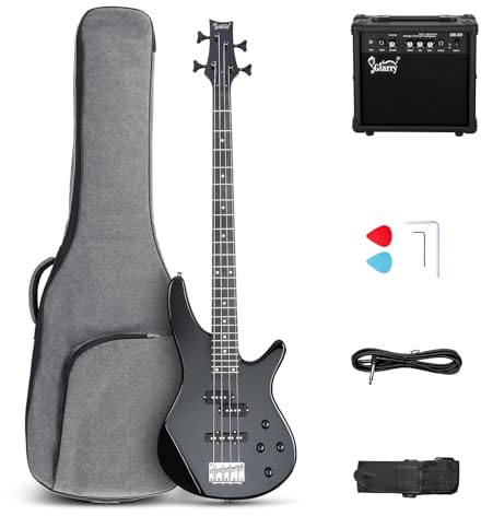 GLARRY 4 String Electric Bass Guitar Beginner Kit，GIB Series Full Size Solid Body Bass Guitar with 20W AMP, Gig Bag Backpack and Accessories (Black)
