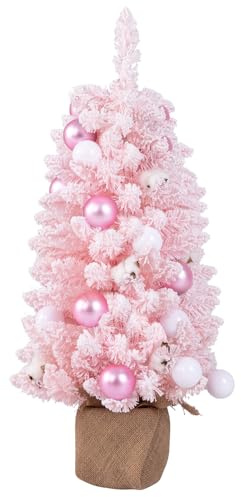 COSTWAY 90 cm Mini künstlicher Weihnachtsbaum Tisch, Tannenbaum klein mit Schnee & Zementbasis, Chirstbaum mit 136 Spitzen, 12 Wattekugeln & 24 Kugeln, Kunstbaum Dekobaum für Zuhause Büro (Rosa)
