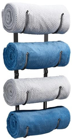 Bathroom Rolled Towel Rack: 4-Tier Wall Mounted Towel Storage Holder, Hanging Organizer for Towels, Blankets, Large Bath Sheets, Space Saving in RV, Closet, Toilet, Cabinet, Black Metal