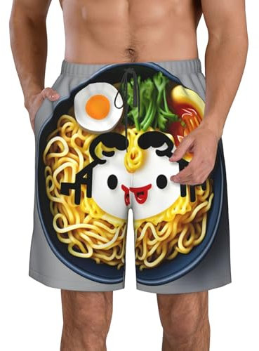 Longzehao Pantalones cortos de playa hawaianos con estampado de ramen y fideos de huevera, pantalones cortos de secado rápido con bolsillos, Blanco, 3XL