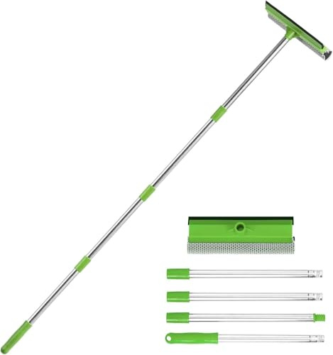 Bryquelin 2-in-1 Fensterabzieher mit 76,2 cm - 149,9 cm verstellbarem Edelstahlgriff – Glasreiniger für Duschtüren, Auto-Windschutzscheibe und hohe Außenfenster