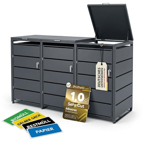 ALBATROS Mülltonnenbox 3er | Metall RAL7016, 120-240L, abschließbar | Mülltonnenverkleidung, verzinktes Metall Anthrazit, wetterfest, ISO9227 geprüft, für 3 Mülltonnen, inkl. Aufkleber-Set