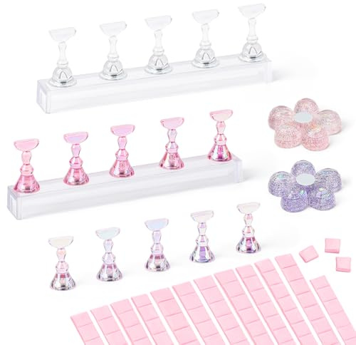 AIMEILI Nagel Stander Acryl Nagel Ständer Nagelübungständer Nail Stand Magnetische Nagelspitzen Halter Klar Rosa Lila Training Finger Display Stand, 3 Basen, 96 Stück Klebe Knete | Nagelständer Magnet, Nagel Übungsständer Blume, Nagel Halterung für Kunstnägel Magnet mit 96 Stück Klebe Knete