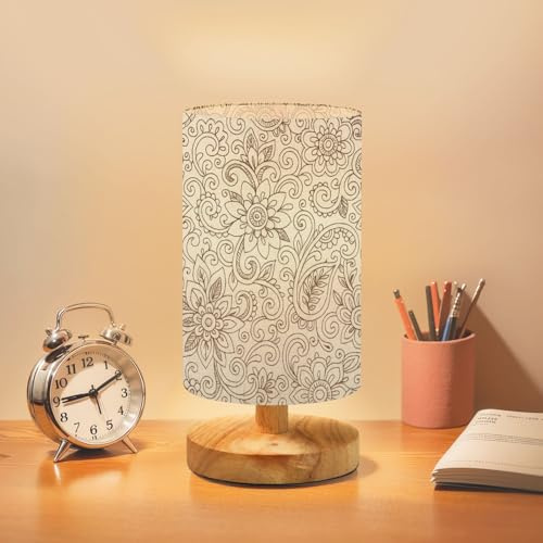 BVCAHSAW Bedside Table Lamp Henna Tattoo Doodles Paisley Flowers Design Elements Dimmable Desk Lamp with Flaxen Fabric Shade Wood Base Nightstand Small Lamp for Bedroom Living Room Home
