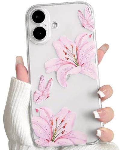 NITITOP Cover per iPhone 16 Plus Carino Fiore di Giglio, Rosa | Trasparente Farfalla Motivo, per Donne Ragazze, TPU Morbido, Anti Ingiallimento Anti-Graffio, Protezione Antiurto Custodia
