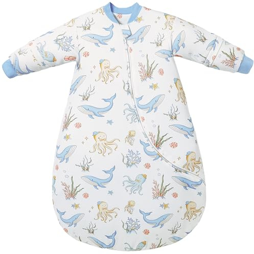 Chilsuessy Sacco a pelo invernale per neonati con maniche removibili in cotone biologico, sacco a pelo per bambini di tutte le stagioni, pigiama per ragazzi e ragazze, Blu Mondo sottomarino/2.5 Tog