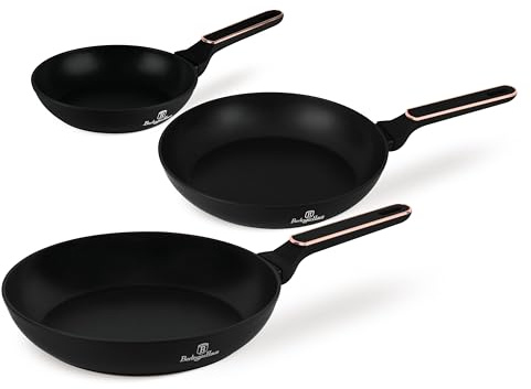 Berlinger Haus Juego de Sartenes Antiadherentes (3 Piezas) - Aluminio Forjado, TitanPro, Inducción, Mango Ergonómico, Negro/Rosa, Colección Black Rose