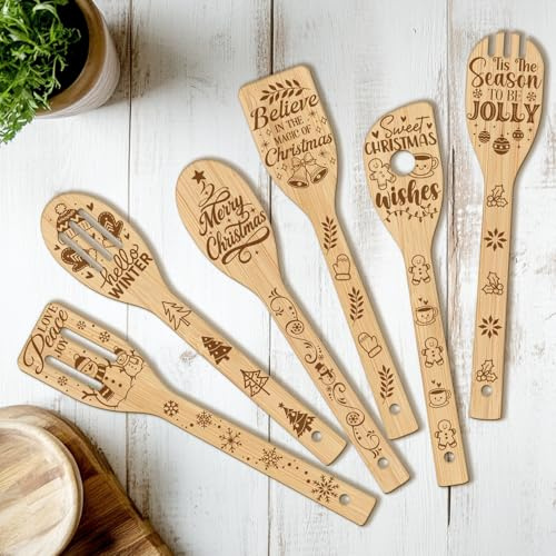CUTHOLLOW 6-teiliges Weihnachtsgrüße Zwerge Küchenutensilien Holz | Kochwerkzeuge-Set Holz, spülmaschinenfester Pfannenwender, Holzkochlöffel, Einzigartiges Einweihungsgeschenk für Frauen