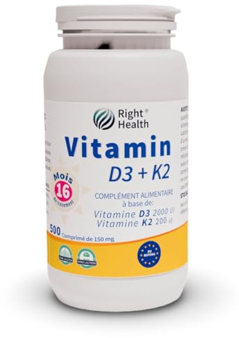 VITAMINE D3 K2: Vitamine D 2000 UI (50 μg) et K MK7 (200 μg) 500 comprimés (1 an 4 mois - 1 par jour) à Haute Dose et Biodisponibilité. Favorise la santé des os, muscles, dents, système immunitaire