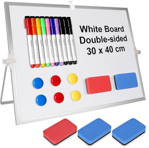 Lavagna Cancellabile, 30 x 40 cm Lavagna Magnetica, Lavagna Bianca Cancellabile Doppia Faccia con Supporto, con 10 Pennarelli + 6 Magneti + 5 Gomma per Lavagna, Ideale per Scuola, Casa e Ufficio