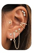 LOYALLOOK 14K Gold Plated Earrings for Women Hypoallergenic - Surgical Stainless Steel Stud Hoop Earring Stacks Cute Ear Cuff Chain Cartilage Earring Sets for Multiple Piercing Trendy Jewelry