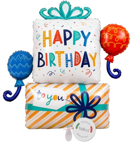 balloa Folienballon Geschenk mit Ballons Happy Birthday, XXL Deko, 80 cm | Geschenk-Design mit Ballons und Happy Birthday Schriftzug, XXL, heliumgeeignet, ungefüllt, bunte Geburtstagsdeko