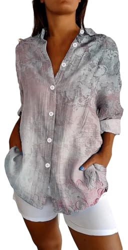 Generico Camicette Bianca Donna Camicia Donna Elegante Manica Lunga T Shirt con Bottoni Leggeri Cotone Fantasia Oversize Camicie Basic Invernale Blusa Sportiva Maglia Bianca