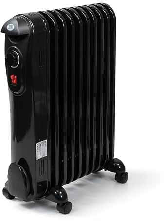 PREM‑I‑AIR 2000W / 2kW 9‑Fin Portable Electric Oil Filled Radiator Heater with Adjustable Thermostat, 3 Heat Settings, Safety Cut‑Off & Tip‑Over Switch – Ideal for Rooms up to 20sqm – Black