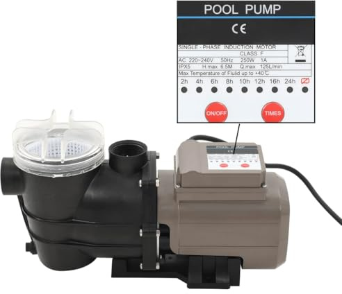 Bomba de piscina con temporizador negro 0,25 CV 8000 L/h, acero y plástico, conexión de 38 mm, 8 modos de temporizador, resistente al cloro, funcionamiento silencioso, para piscina elevada, filtro de