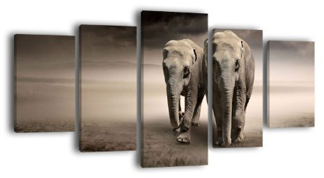 Leinwandbild Elefantentraum LW188 Wandbild, Bild auf Leinwand, 5 Teile, 210 x 100 cm, Kunstdruck Canvas, XXL Bilder, Keilrahmenbild, fertig aufgespannt, Bild, Holzrahmen, Elefant, Afrika, Steppe