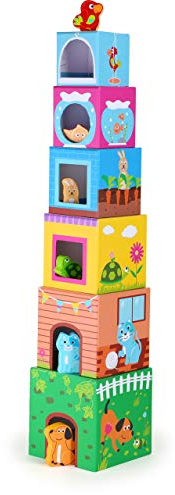small foot Bunte Stapelwürfel Haustiere aus Pappe, Motorikspielzeug mit 6 Haustieren aus Holz, ab 12 Monate, 10044