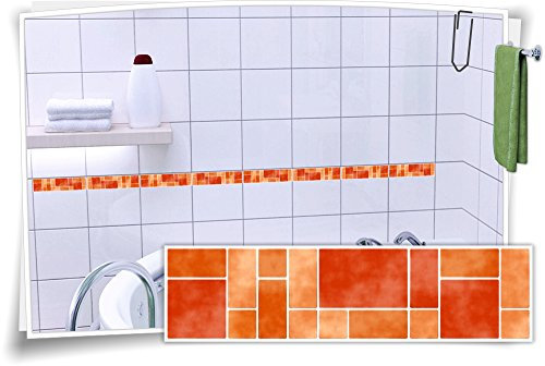 Medianlux Fliesenaufkleber Fliesenbordüre Bordüre Mosaik Orange Kachel Aufkleber FB5, 16 Stück, 25x6,5cm (BxH)