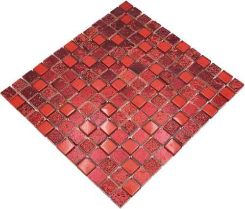 Mosaik Fliese Transluzent rot Glasmosaik Crystal Resin rot für WAND WC KÜCHE FLIESENSPIEGEL, Mattengröße: 327x302 = 0,10 qm, Steingröße: 23x23x8 mm - 1 Matte