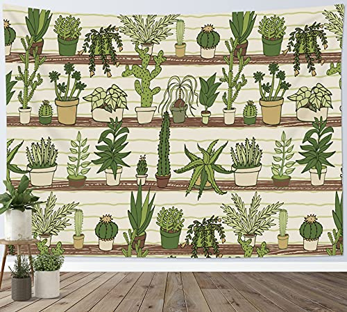 HVEST Cactus Tapestry Tropical Desert Succulent Plants on Wood Shelf Tapestry Wall Hanging Watercolor Botanical Wall Art for Bedroom Living Room Dorm Apartment Decor, 60W X 40H inches